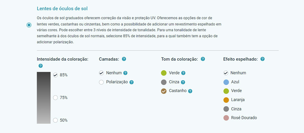 Selecionar lentes de óculos de sol